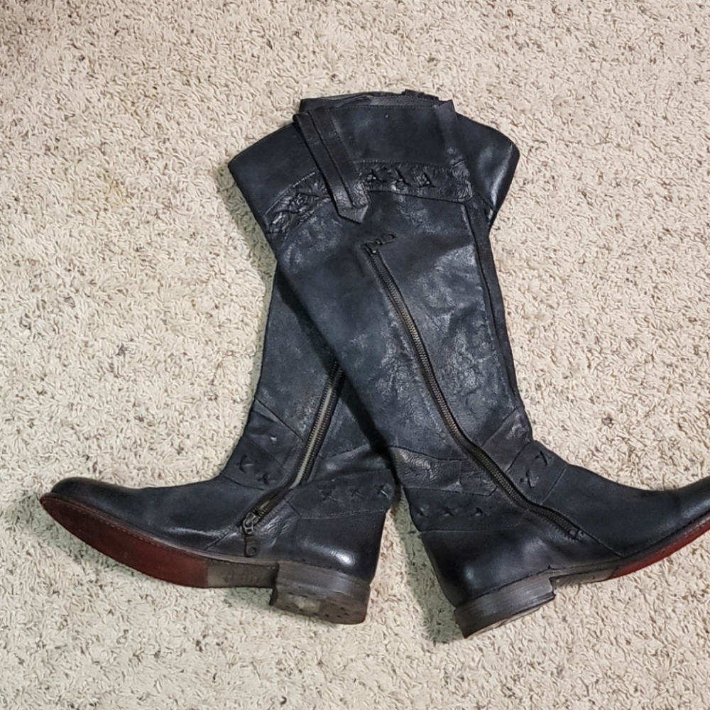 Bedstead tall black leather boots